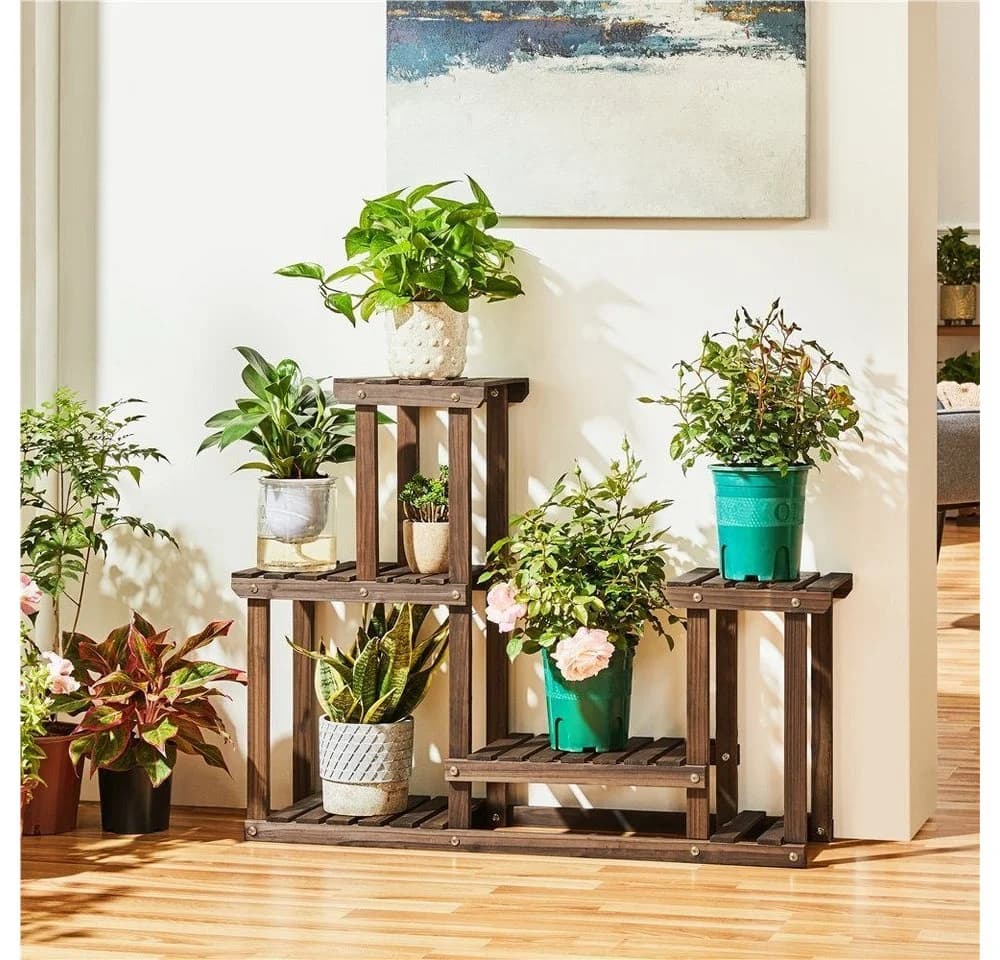 Yaheetech Blumenständer 5 Etagen Holz Braun Pflanzenregal