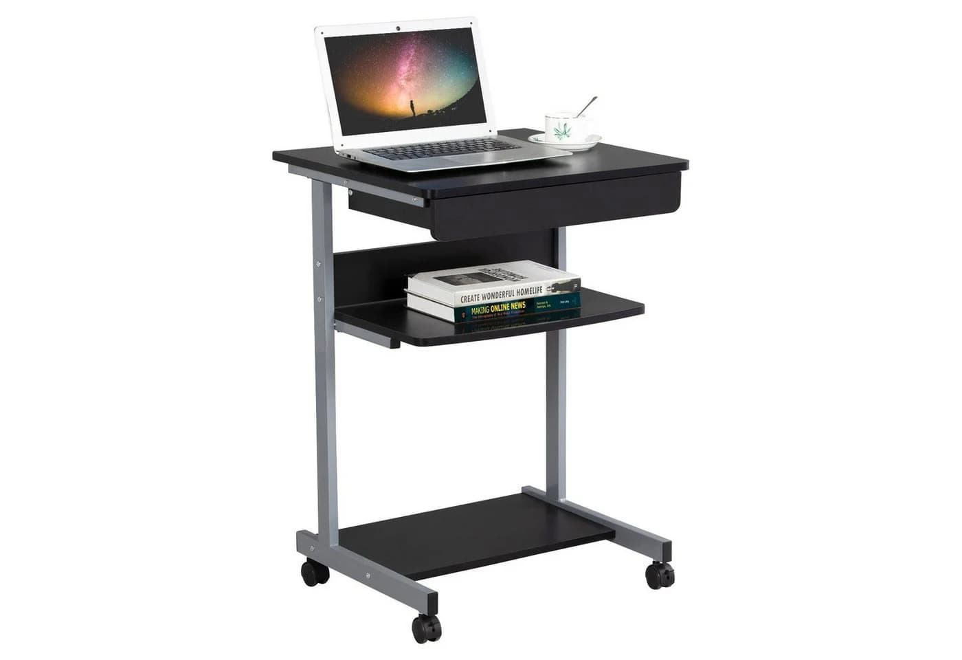 Yaheetech Computertisch mit Tastaturablage und Rollen - Schwarz/Silber - Bild 2