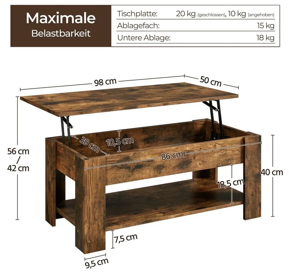 Yaheetech Höhenverstellbarer Couchtisch Rostbraun mit Stauraum - Bild 4
