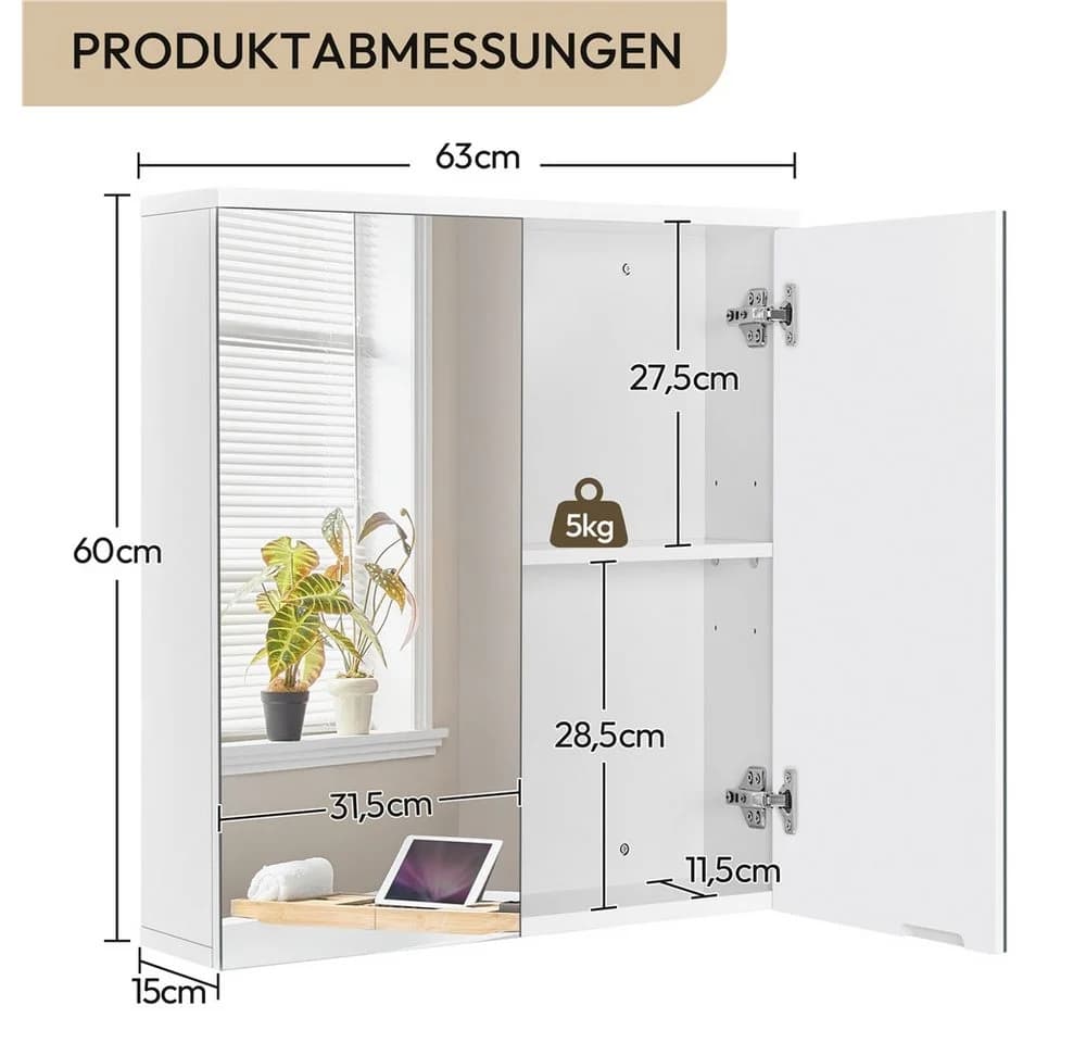 Yaheetech Spiegelschrank Weiß Hängeschrank mit verstellbarem Einlegeboden - Bild 5
