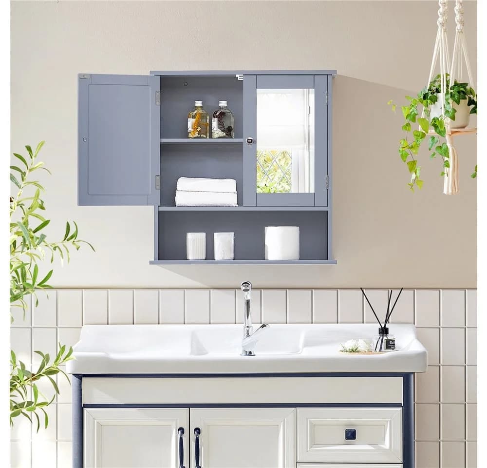Yaheetech Spiegelschrank Grau mit Spiegeltür & Verstellbarem Regal