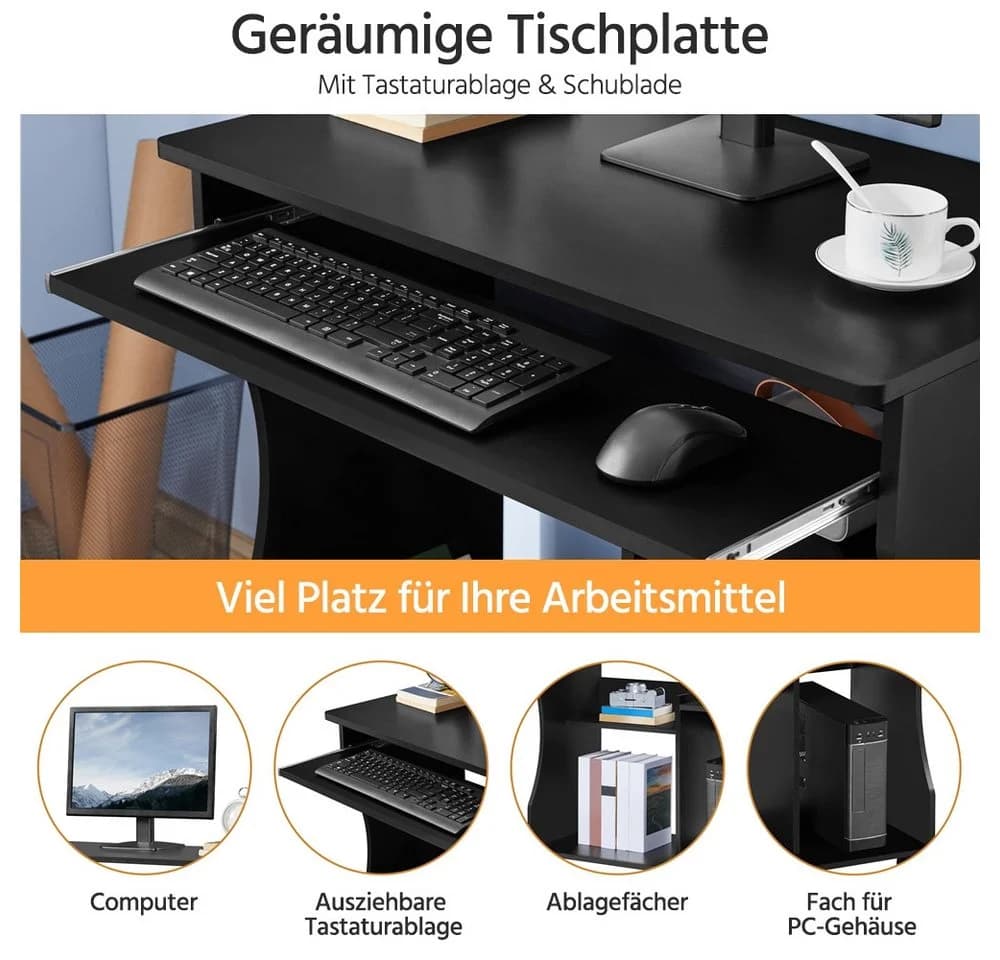 Yaheetech Computertisch Schwarz mit Tastaturauszug & Rollen - Bild 5
