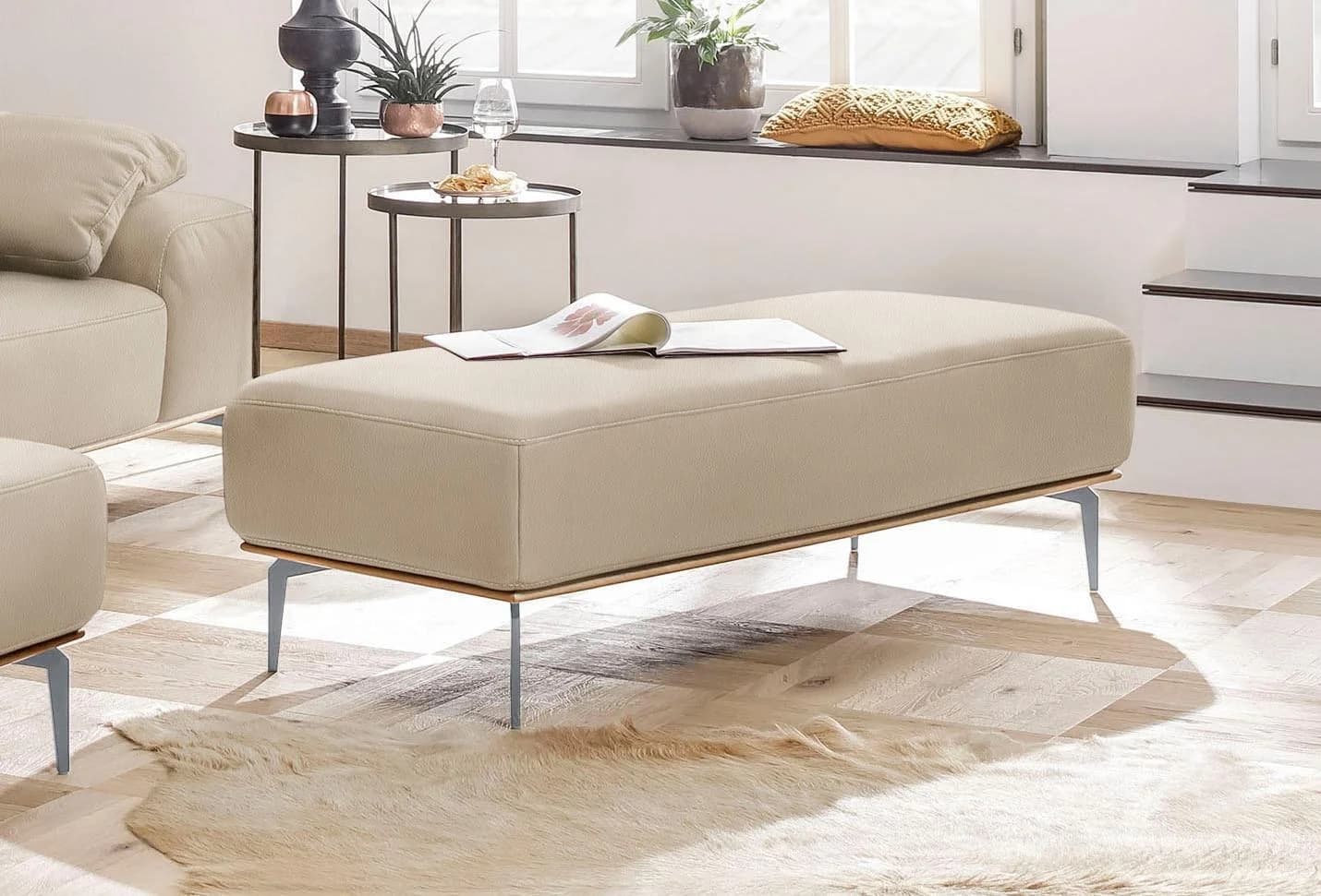 W.SCHILLIG Polsterhocker run Beige Leder Eiche