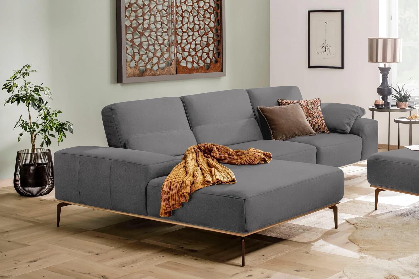 W.SCHILLIG Ecksofa run Grau L-Form mit Holzsockel