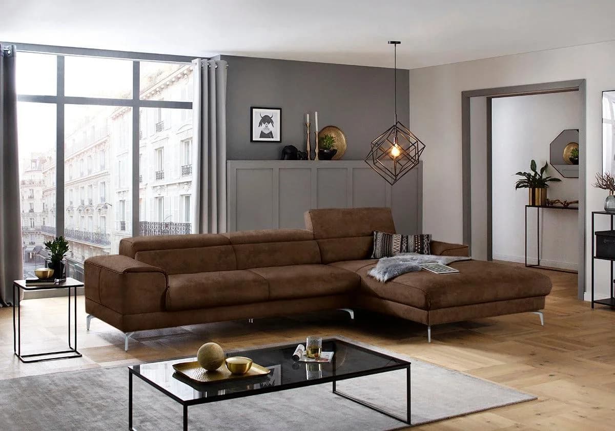 W.SCHILLIG Ecksofa piedroo Braun Microfaser mit Kopfteilverstellung