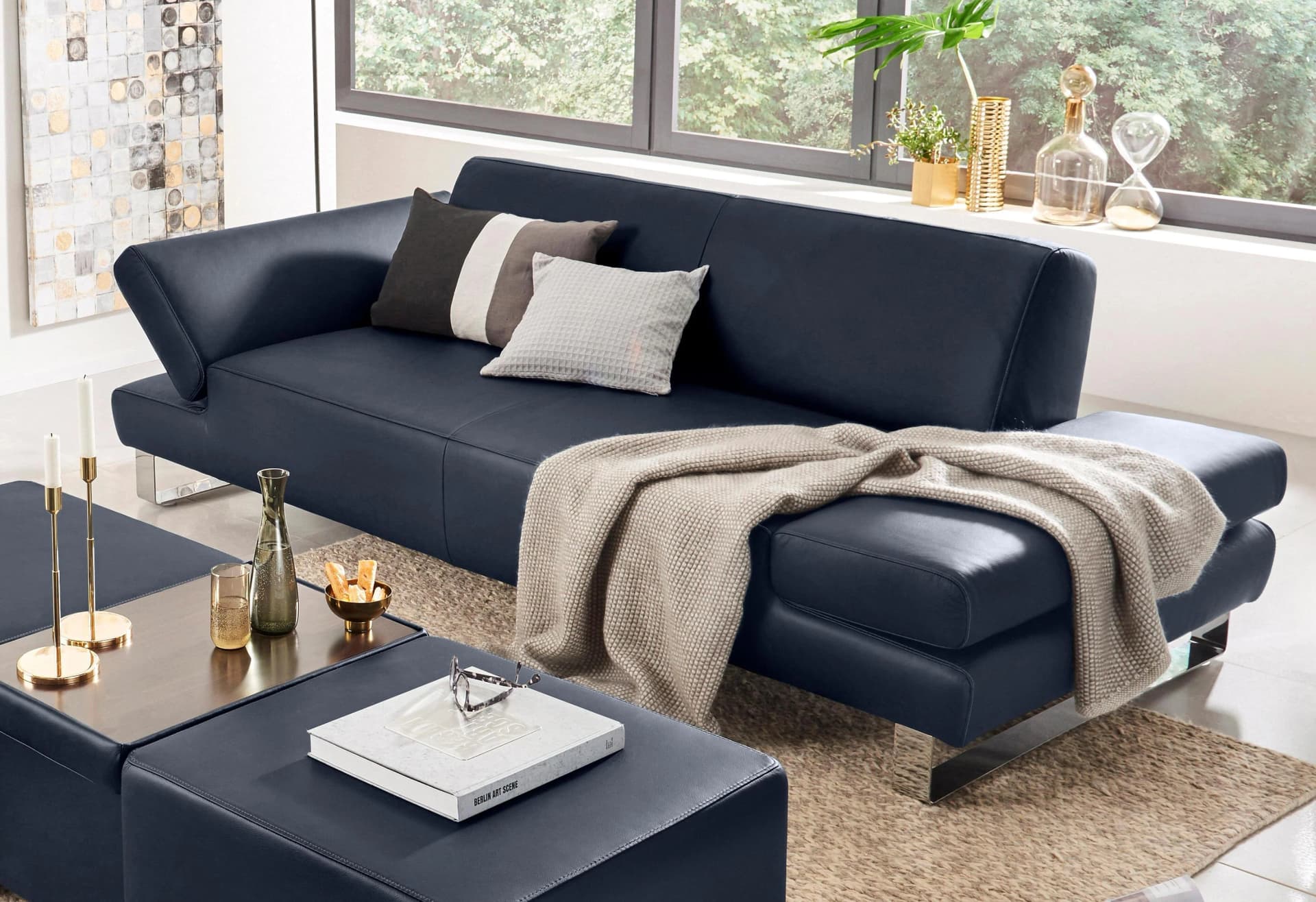 W.SCHILLIG 2-Sitzer Sofa taboo Blau Leder mit Armlehnenverstellung