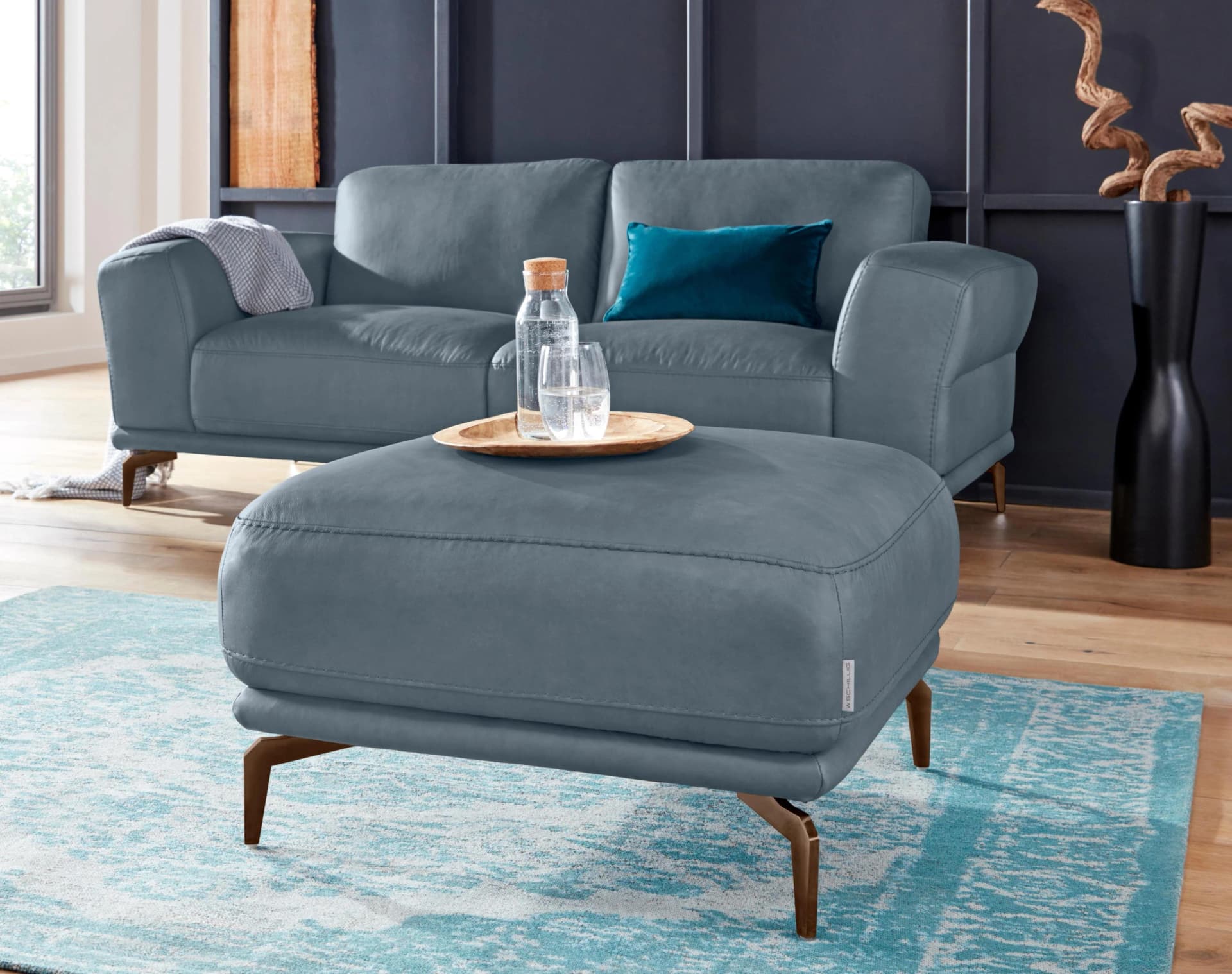 W.SCHILLIG Hocker Montanaa Blau Leder Metallfüße