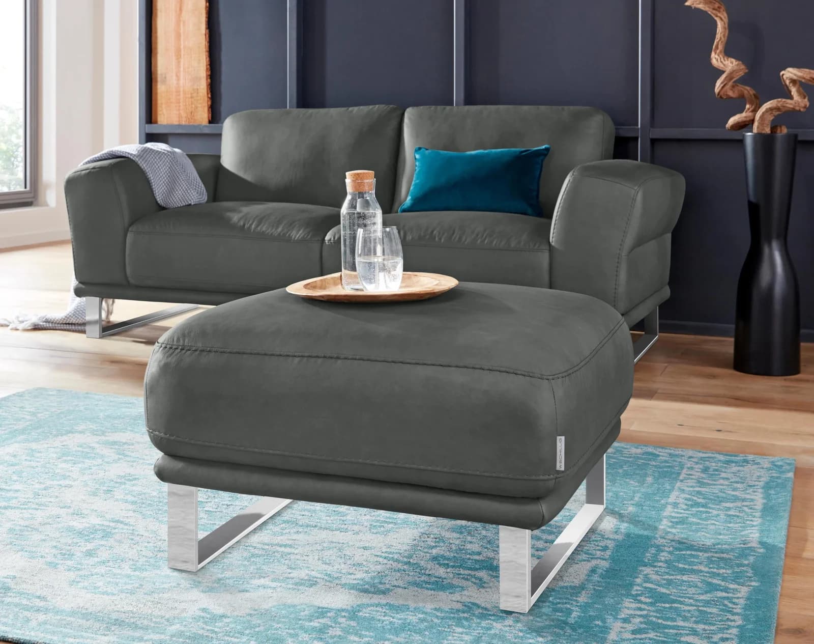 W.SCHILLIG Hocker Montanaa Anthrazit Leder Metallkufen