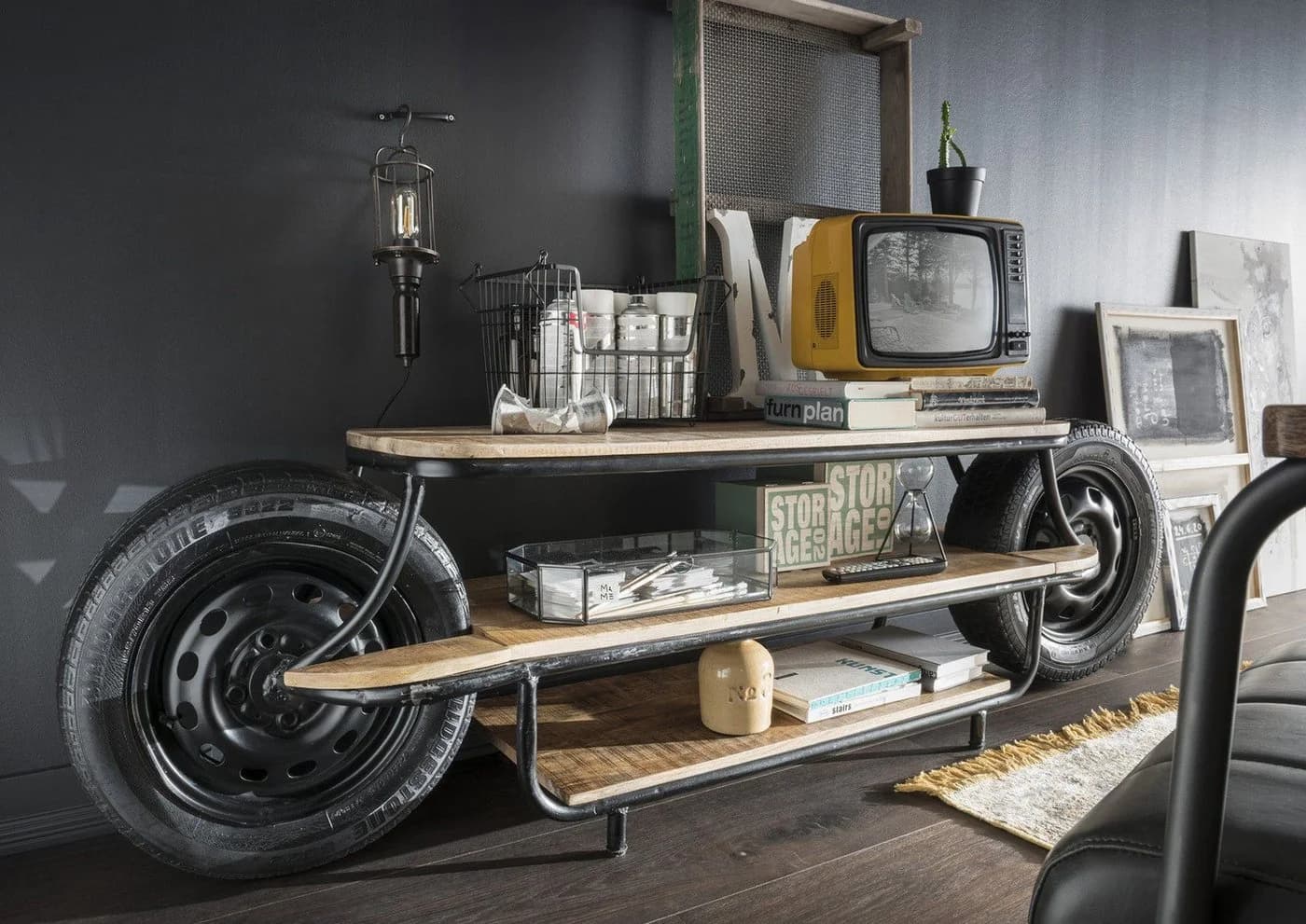 More2Home Lowboard CUSTOM BIKE Mangoholz massiv mit 2 echten Rädern