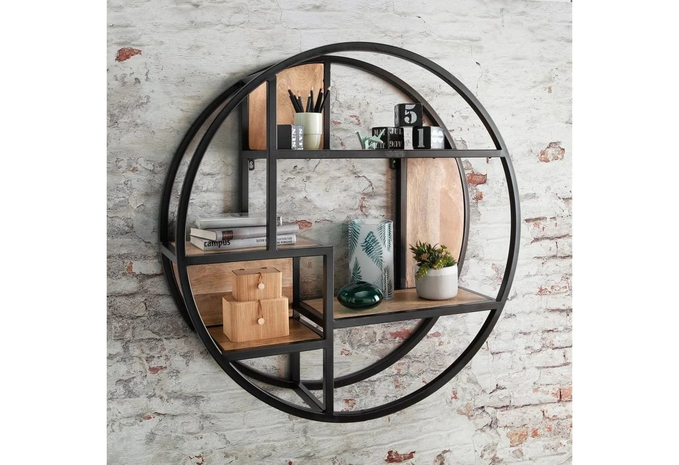 More2Home Wandregal CIRCLE rund Mangoholz natur Eisen schwarz