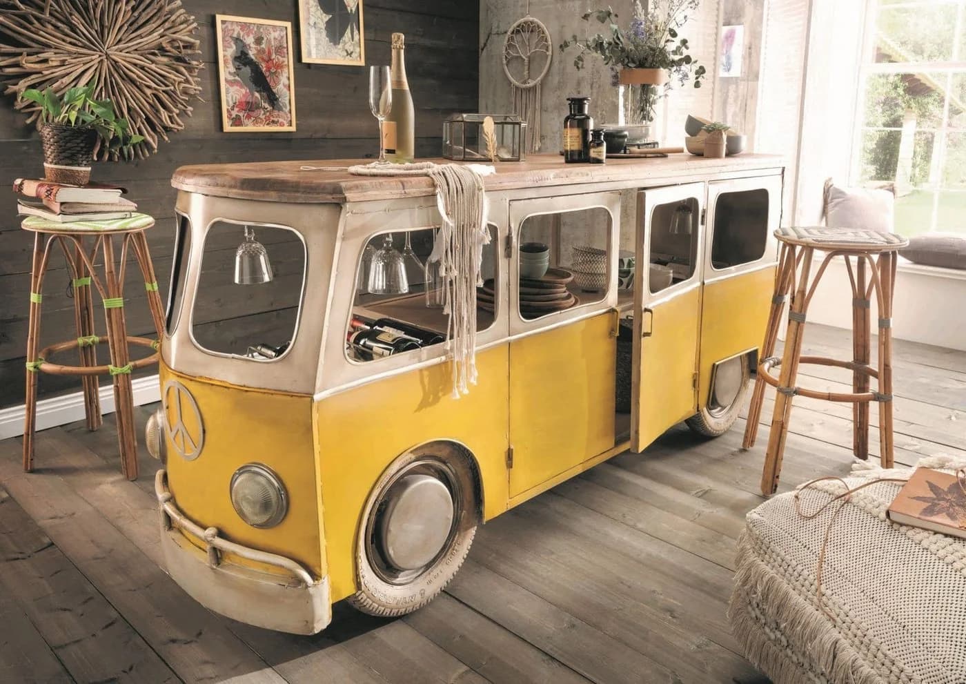 More2Home Bartisch Bartresen BUS Metall gelb-weiß / Mangoholz