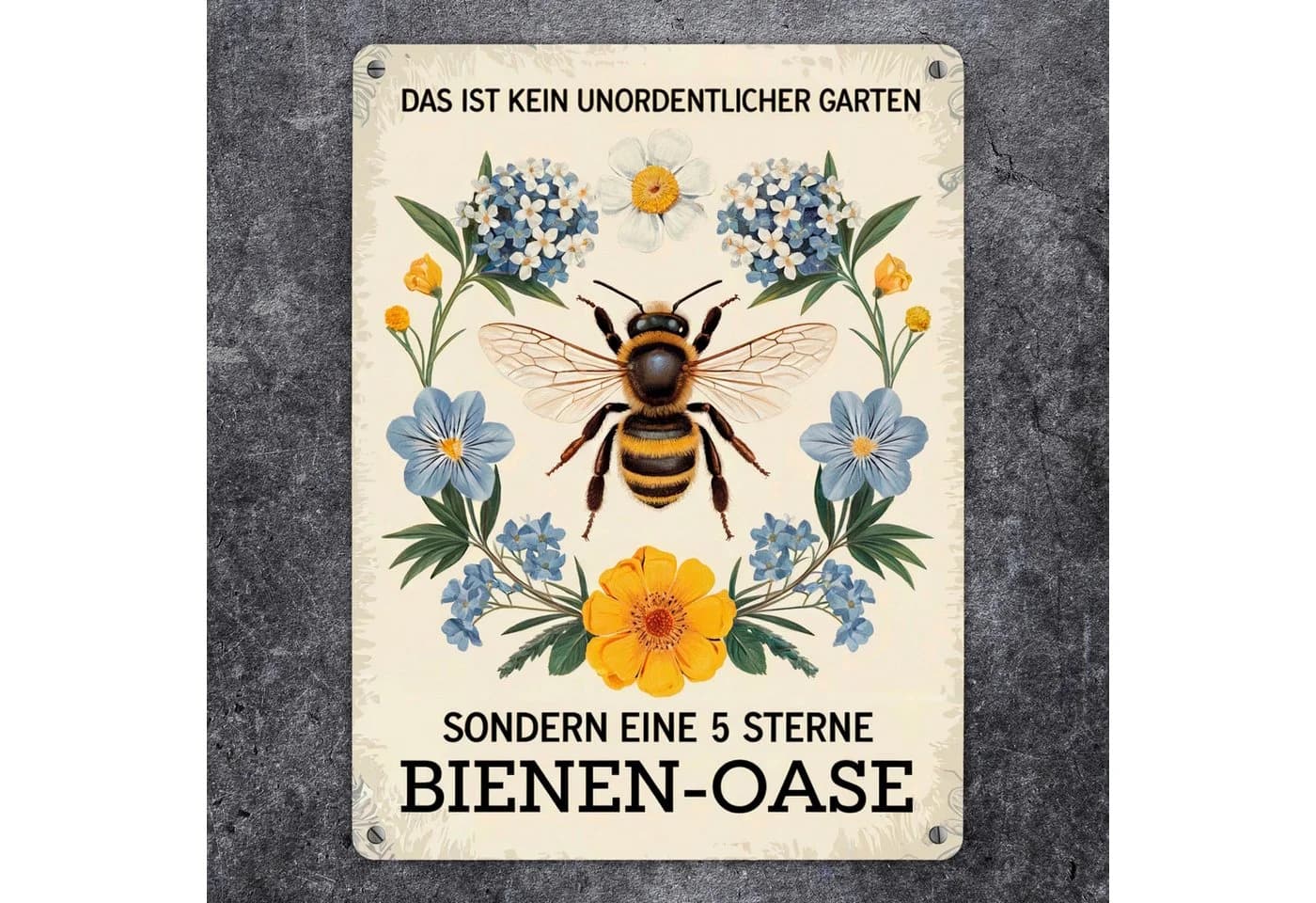 speecheese Metallschild Biene mit Blumen "Das ist kein unordentlicher Garten" XL