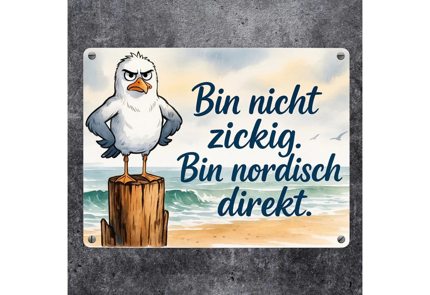 speecheese Metallschild Möwe am Strand 15x20 cm Nordischer Humor