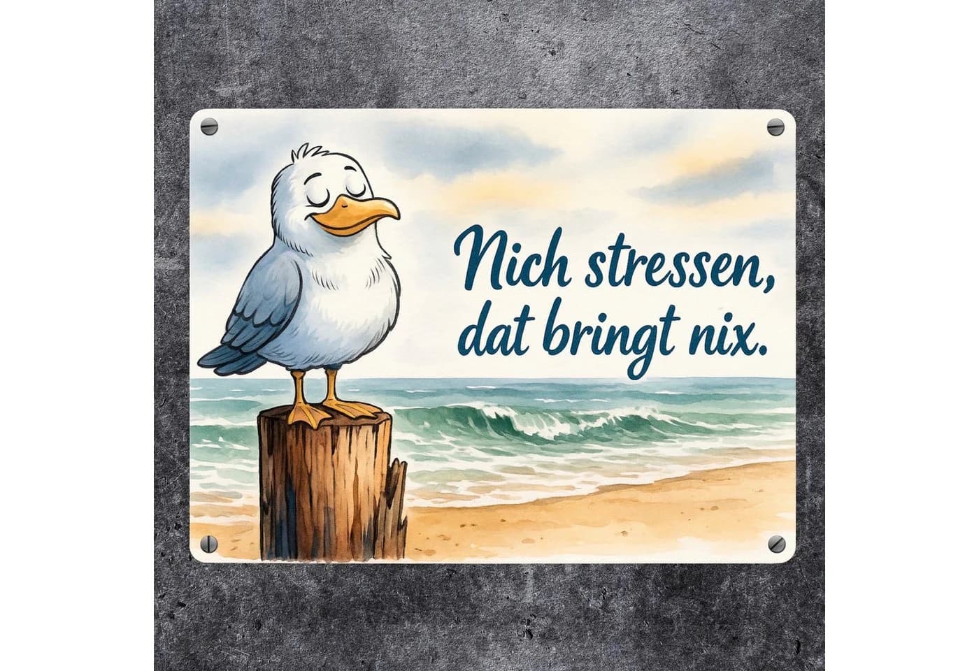 speecheese Metallschild Möwe Nich stressen Aquarell maritim