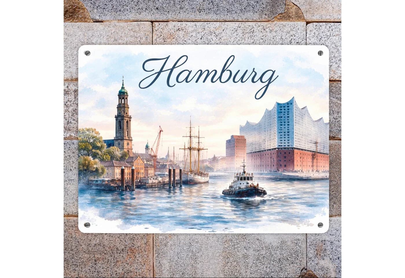 speecheese Metallschild Hamburg Hafenszene XL 21x28 cm