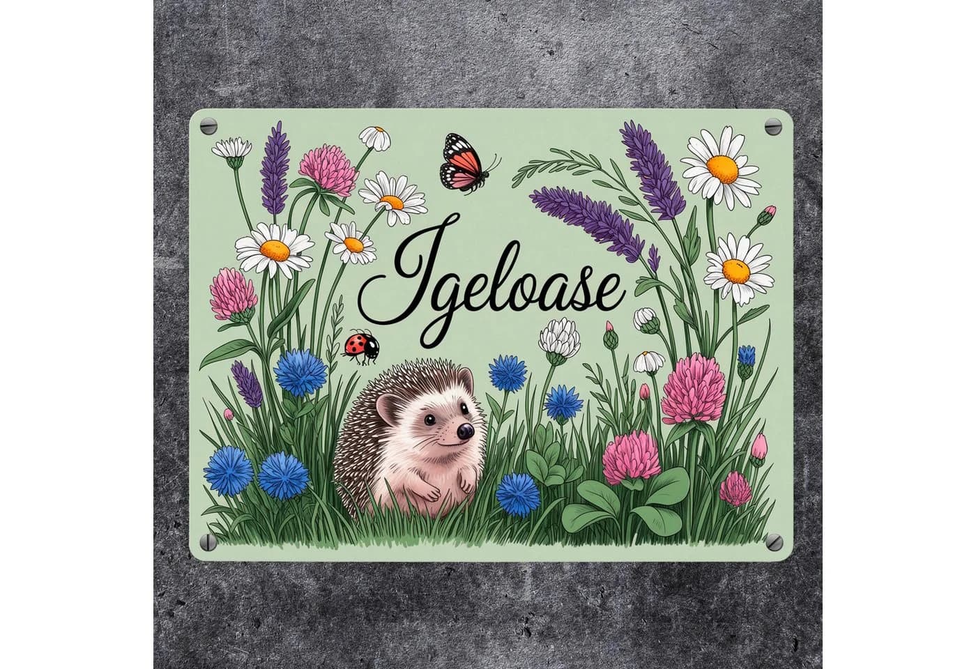 speecheese Metallschild Igel auf Wildblumen Gartendeko 15x20 cm