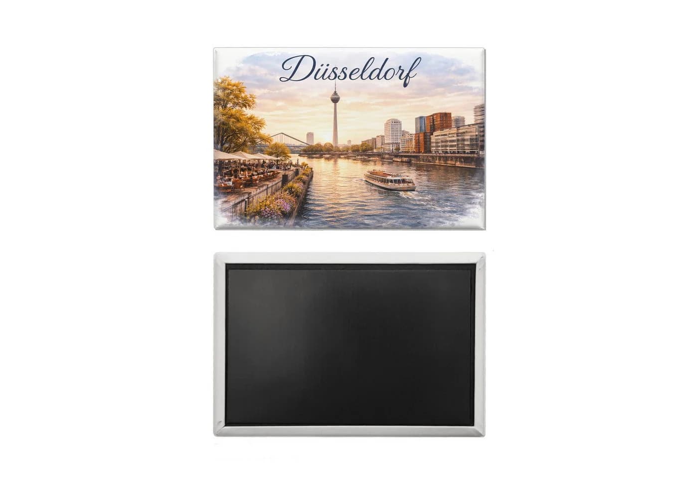 Magnet Düsseldorf Skyline mit Rheinturm und Flussufer