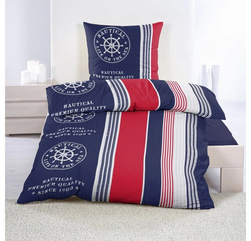 Casa Colori Bettwäsche Seersucker Garnitur 135x200 cm Reißverschluss Blau Rot Weiß