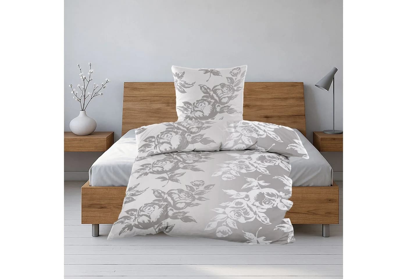 Bettwäsche Grau mit Blumenmuster und Biber-Stil - Bild 2