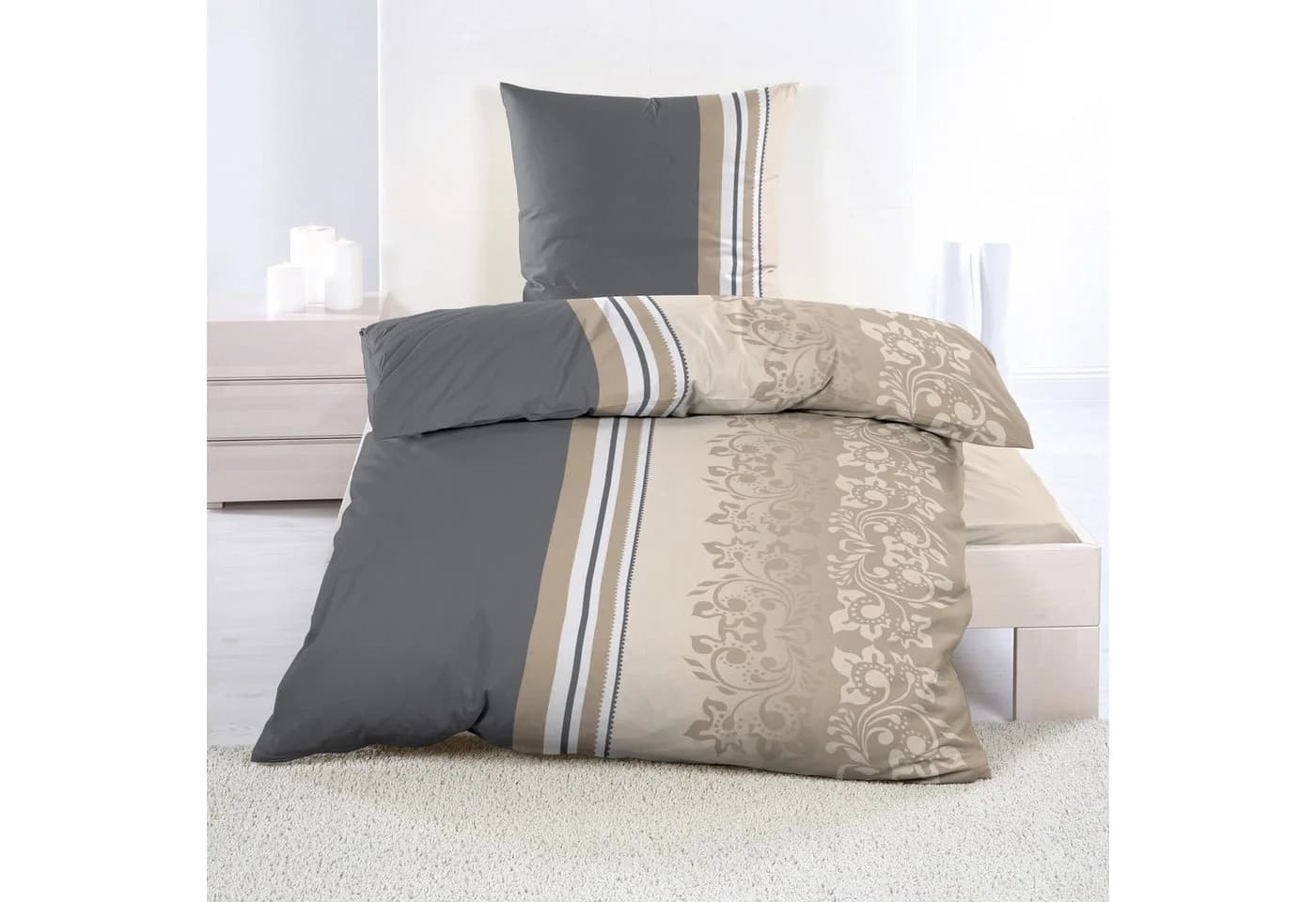 Casa Colori Bettwäsche Biber 2-teilig Anthrazit Taupe Ornamente