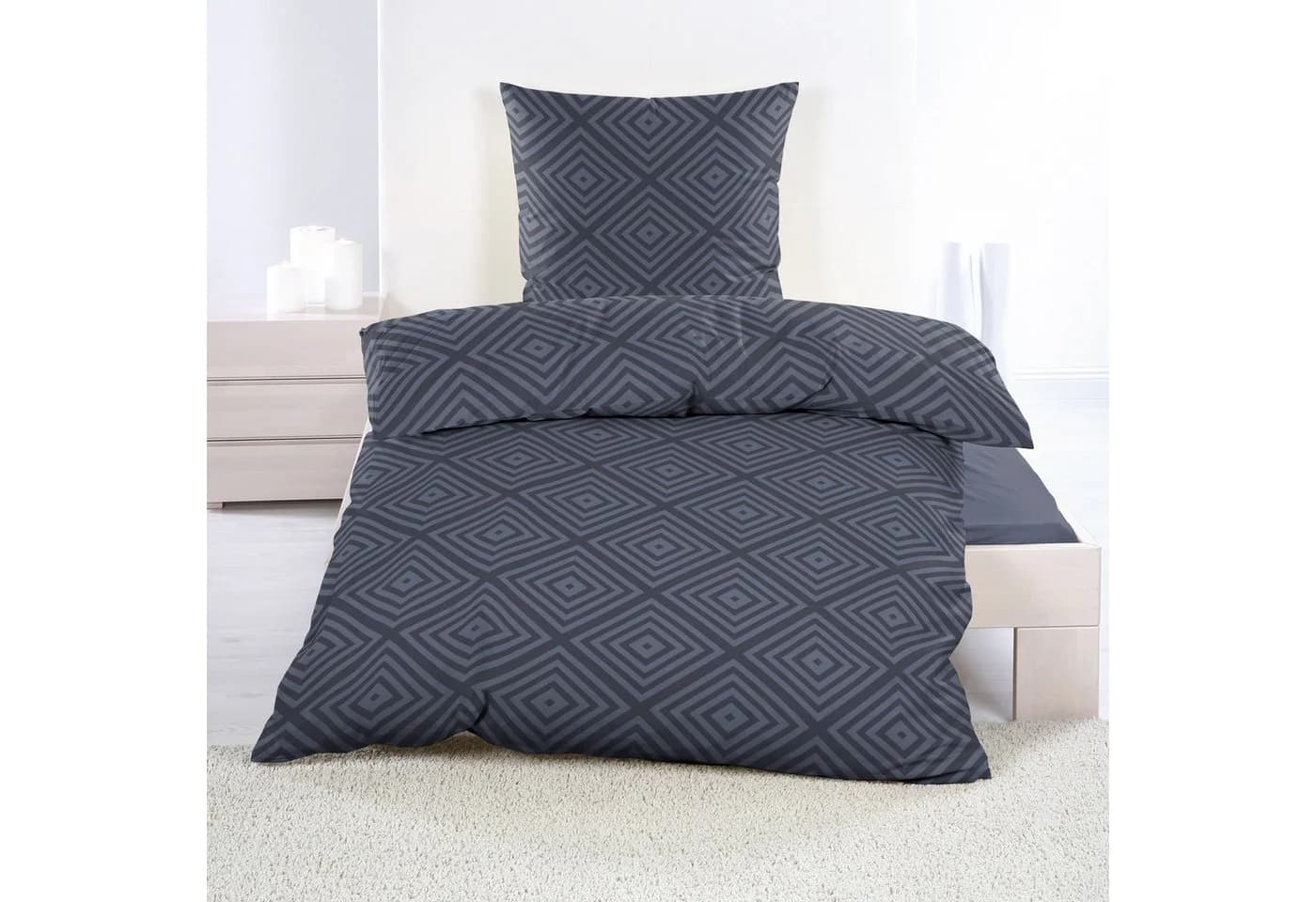 Casa Colori Bettwäsche Biber 100% Baumwolle Jeansblau Geometrisches Muster