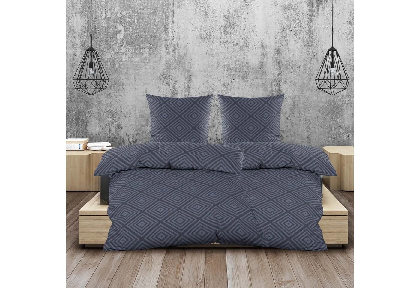 Casa Colori Bettwäsche Biber 100% Baumwolle Jeansblau Geometrisches Muster - Bild 2