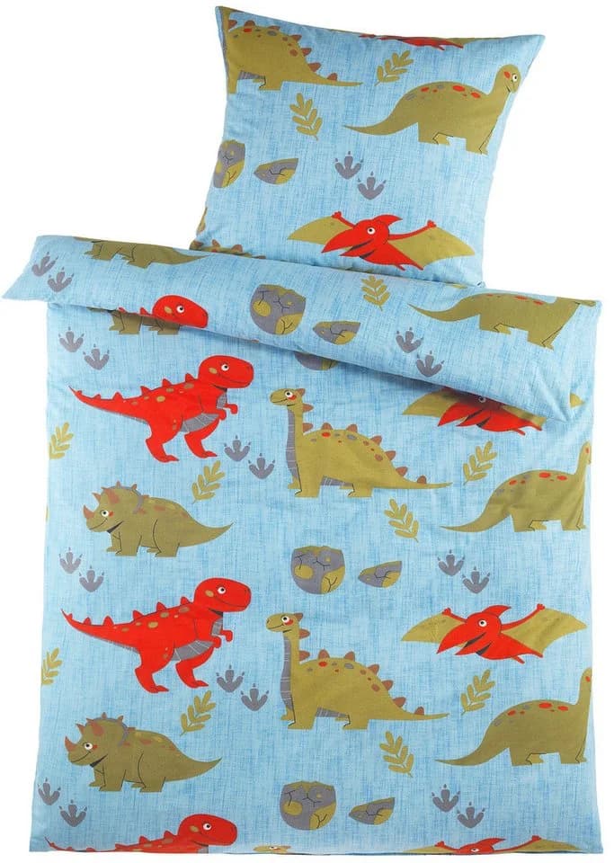 KH-Haushaltshandel Bettwäsche 2-tlg. Biber Motiv Winter Bettwäsche 135 x 200 +80x80 cm, Dinosaurier, Blau