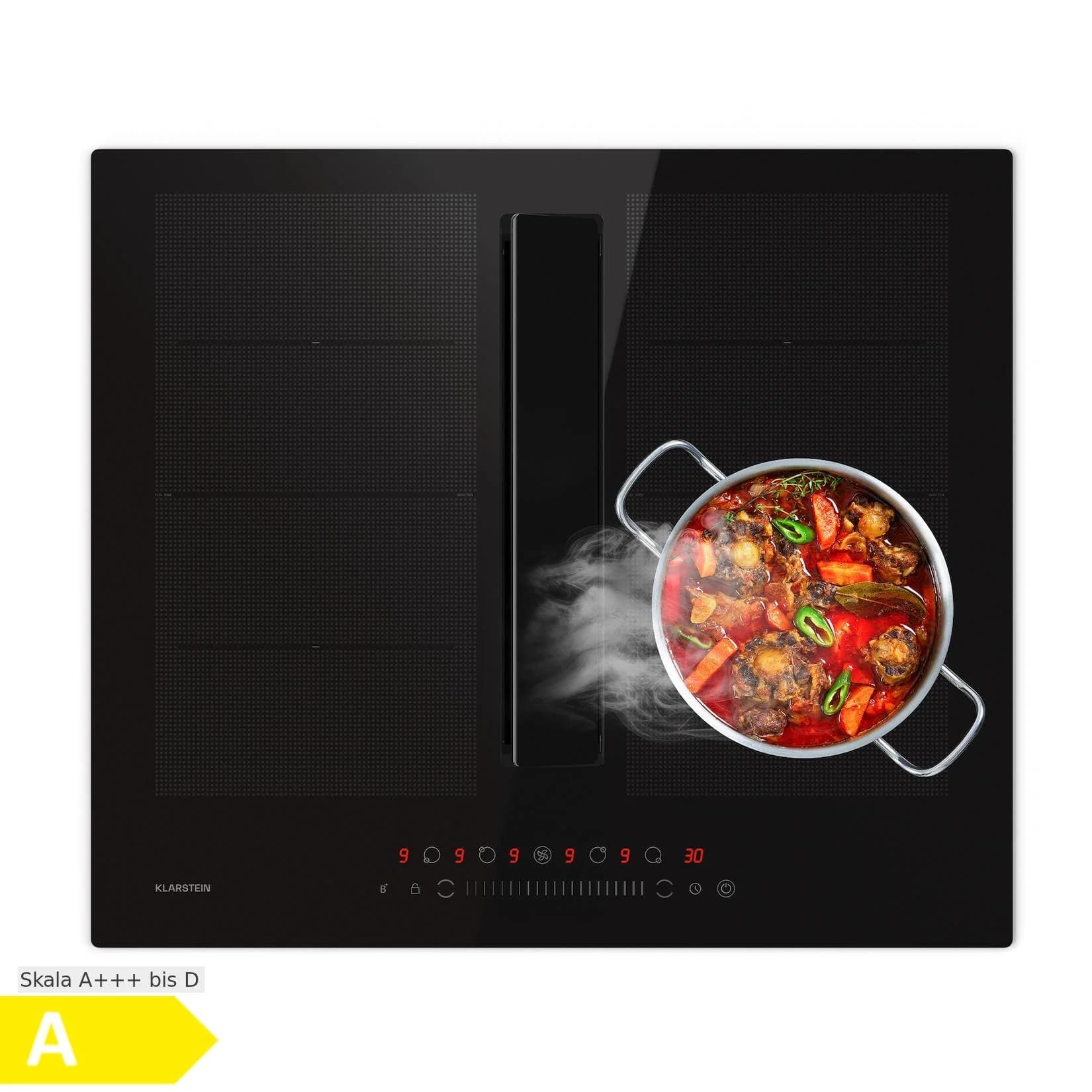 Klarstein Chef-Fusion Down Air System Induktionsherd + Abzugshaube 60cm 600 m³/h Abluftleistung EEC A