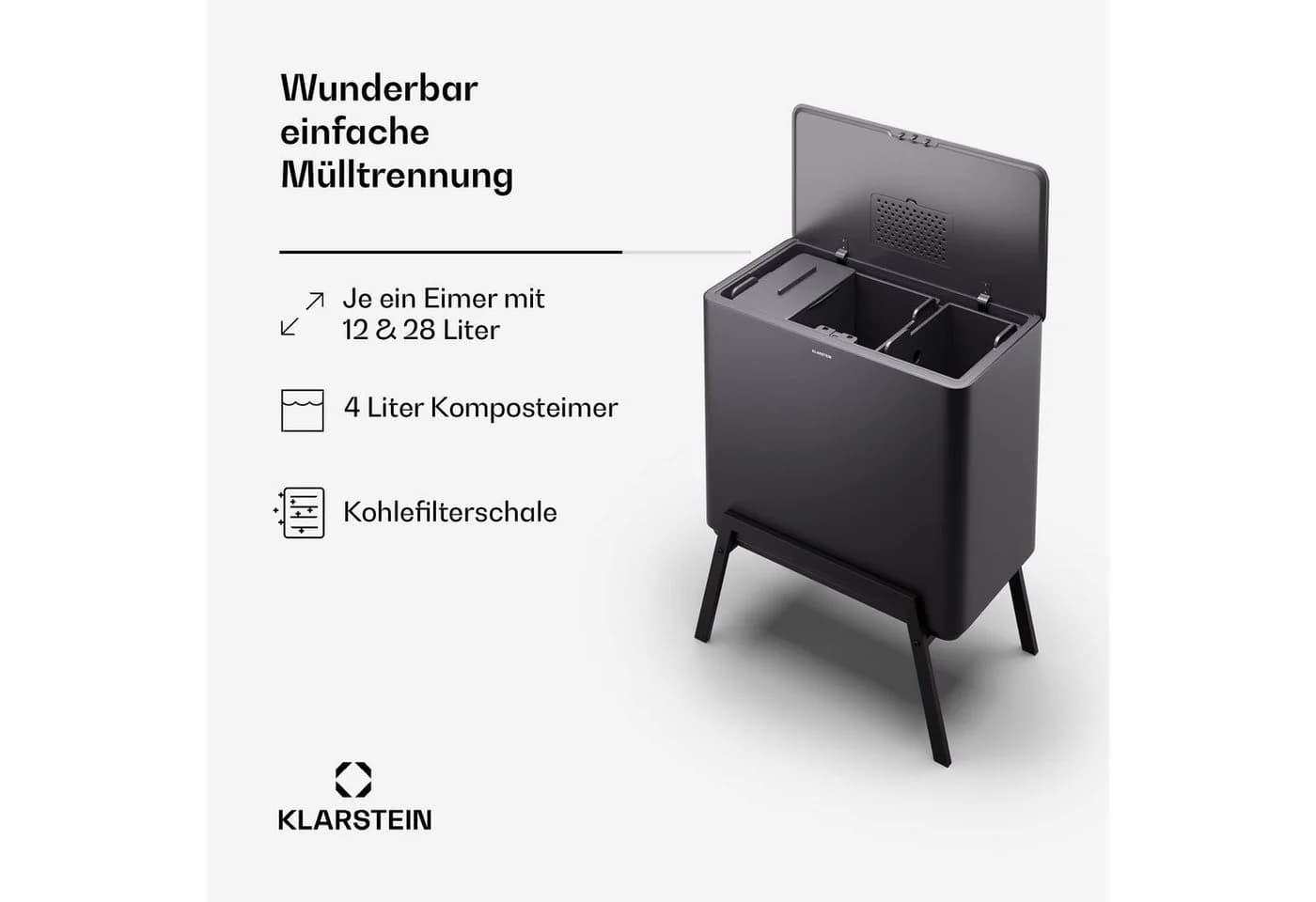 Klarstein Yuma 3-Fach Mülleimer 40l Edelstahl Schwarz Soft-Close - Bild 3