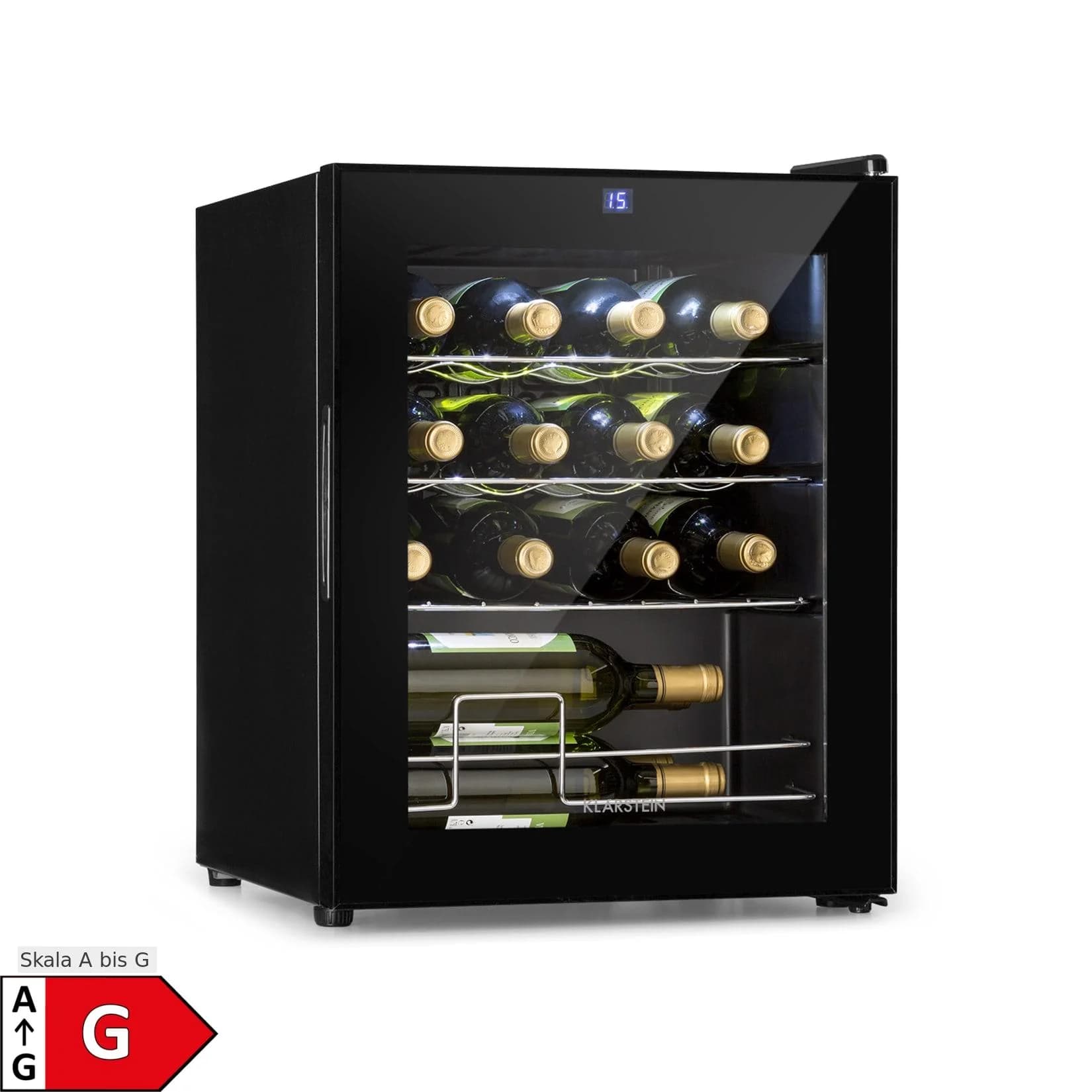 Klarstein Shiraz 16 Uno Weinkühlschrank 42l Touch-Bedienfeld 131W 5-18°C Schwarz 16 Flaschen 1 Kühlzone
