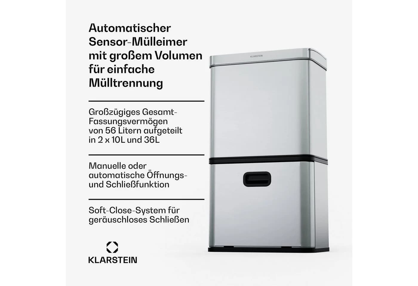 Klarstein Touchless Sensor-Mülleimer 56L Edelstahl 3 Fächer - Bild 4