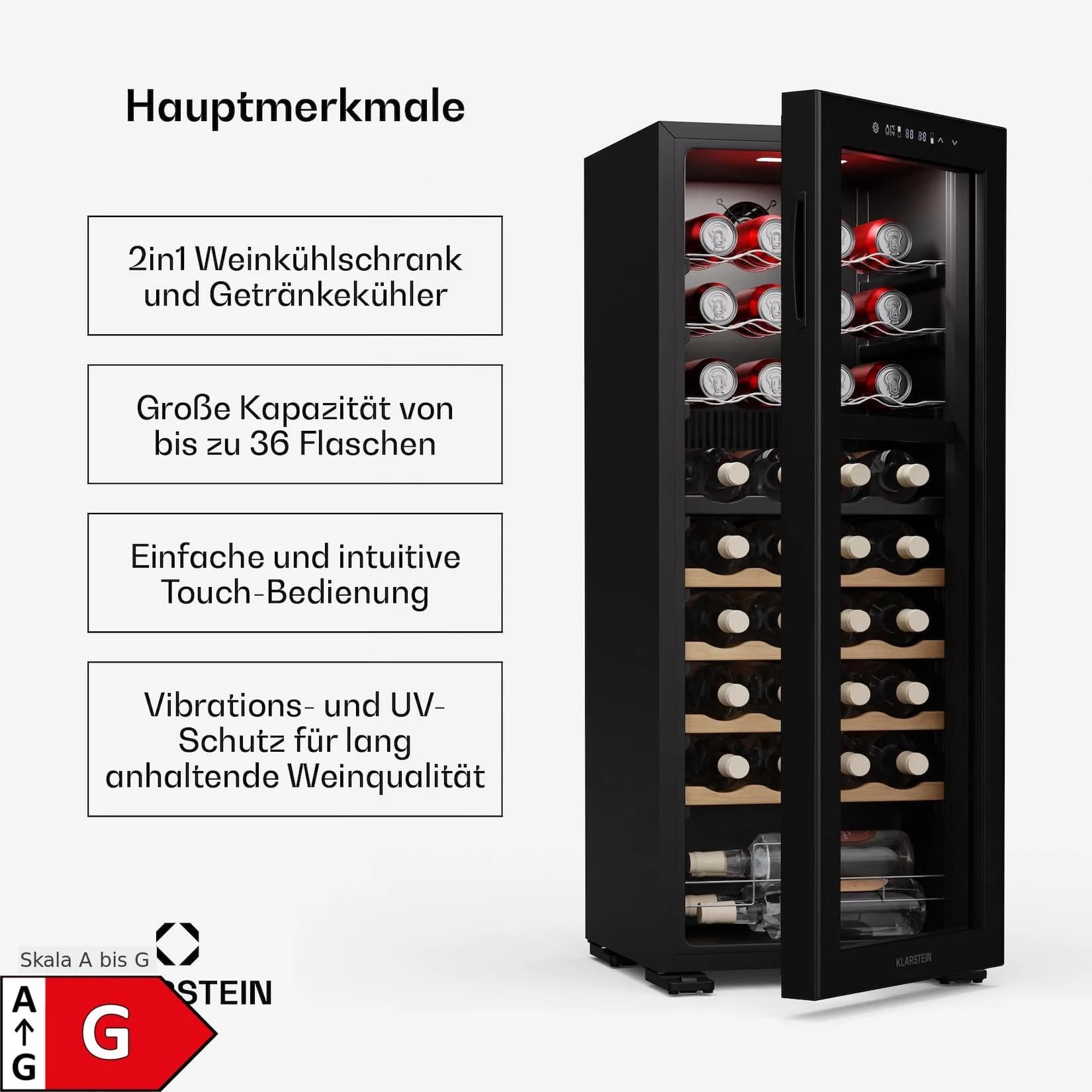 Klarstein Bovella 36 Duo+ Weinkühlschrank 2 Zonen Touch Schwarz
