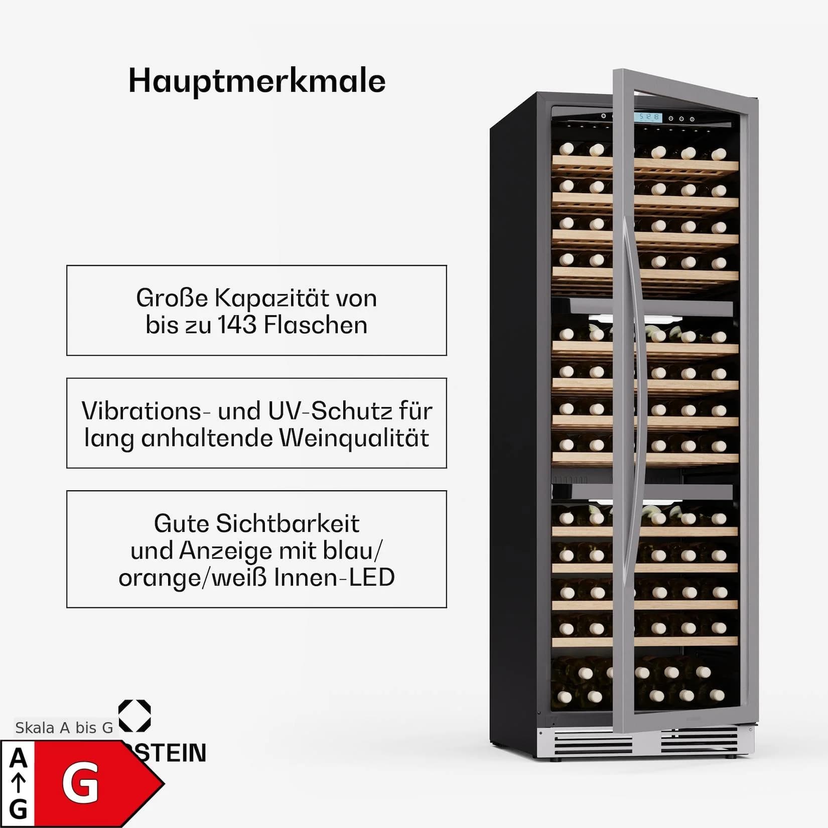 Vinovilla Trio Weinkühlschrank 144 Flaschen 3 Zonen 38 dB 12 Regale Kompressor 413 Liter Edelstahl