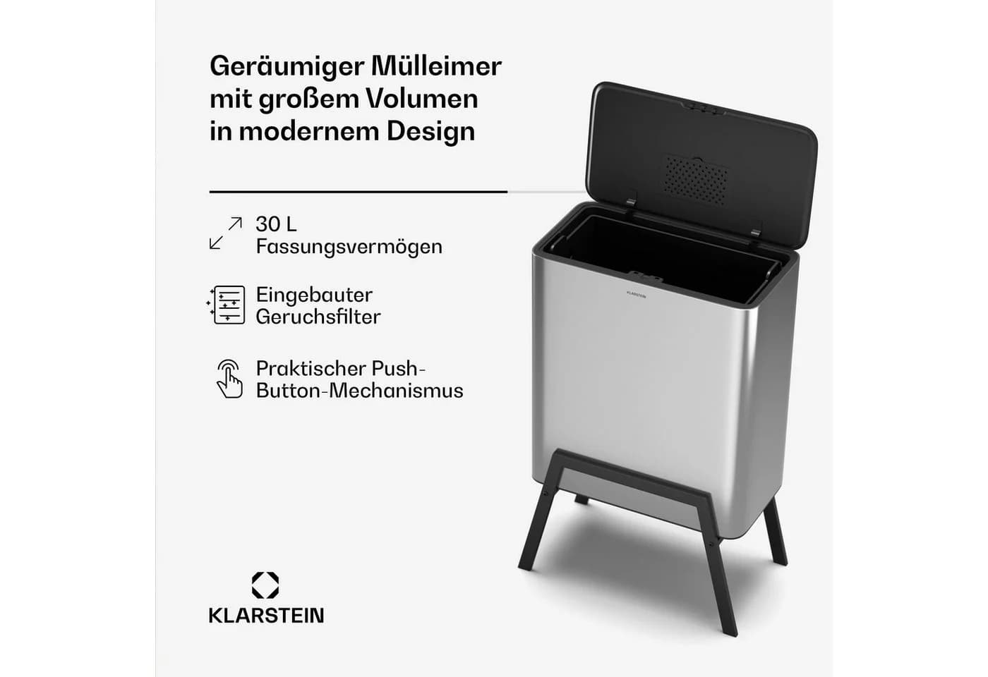 Klarstein Mülleimer Yuma 30L Edelstahl Silber mit Druckknopf - Bild 3