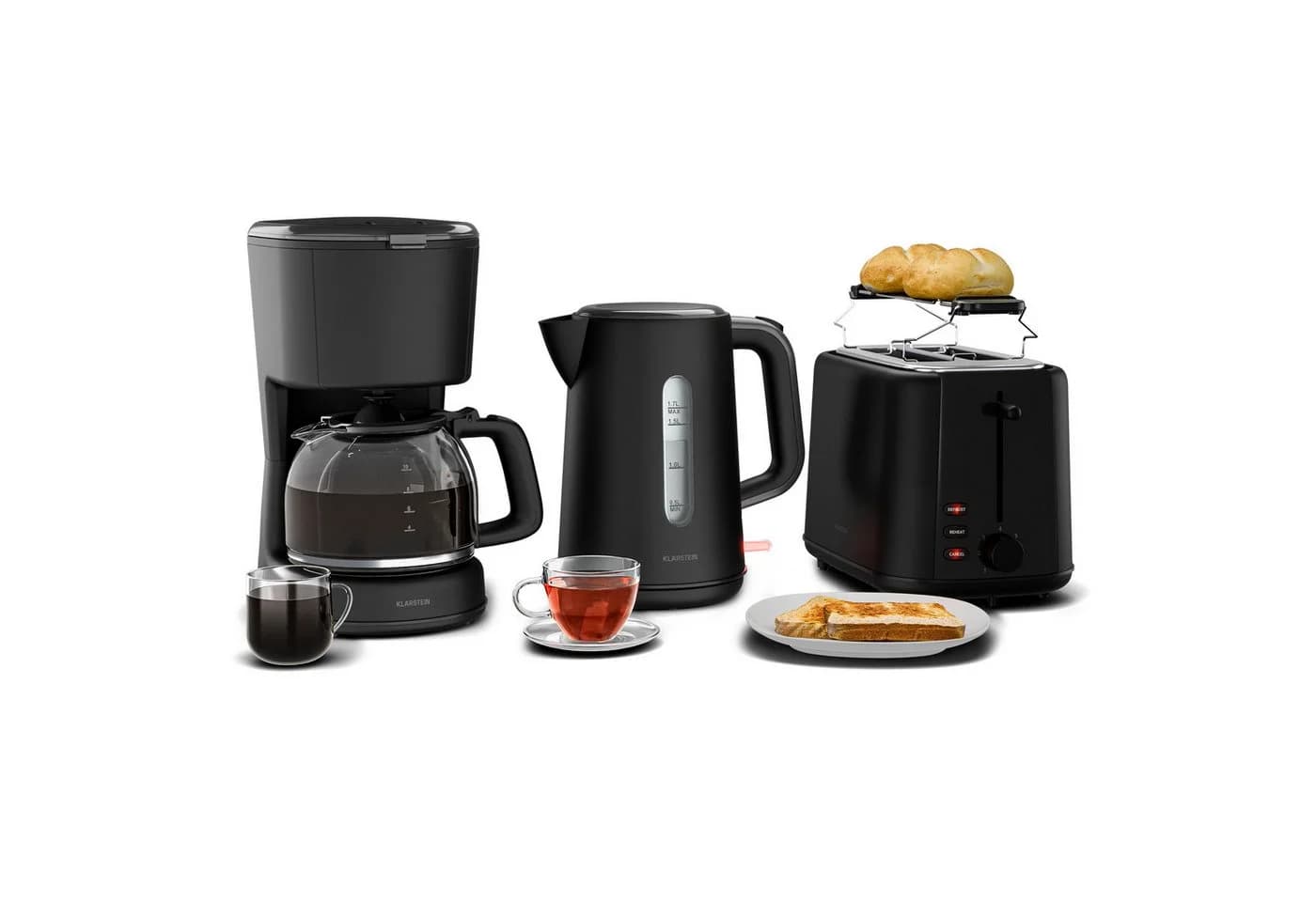 Klarstein Velaire Frühstücksset Schwarz Toaster Wasserkocher Kaffeemaschine