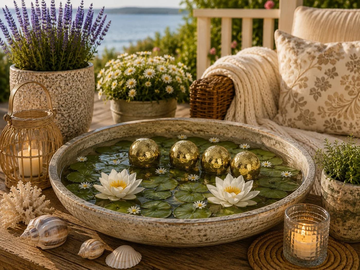 finehomegarden Schwimmkugel Set 4tlg. Gold Porzellan Blüten
