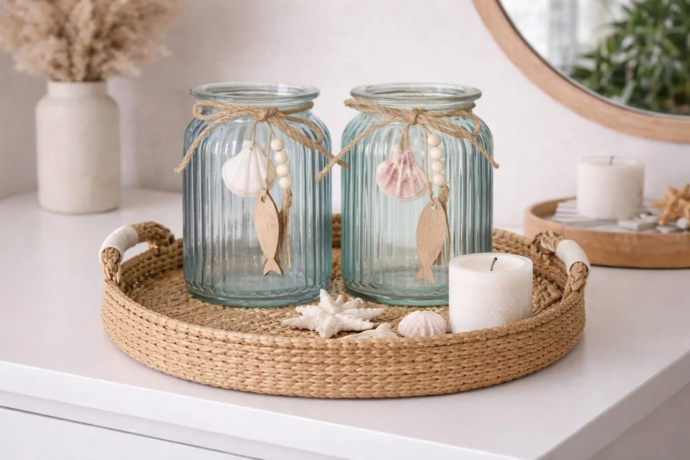 finehomegarden Windlicht Teelichhalter 2-farbig Maritim Glas grau/blau Ø11cm H14cm
