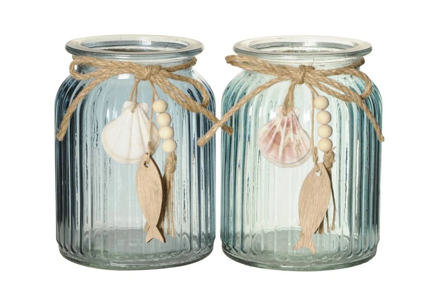 finehomegarden Windlicht Teelichhalter 2-farbig Maritim Glas grau/blau Ø11cm H14cm - Bild 2
