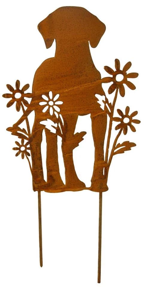 Posiwio Gartenstecker Set Katze + Hund mit Blumen 2er Set Rostoptik