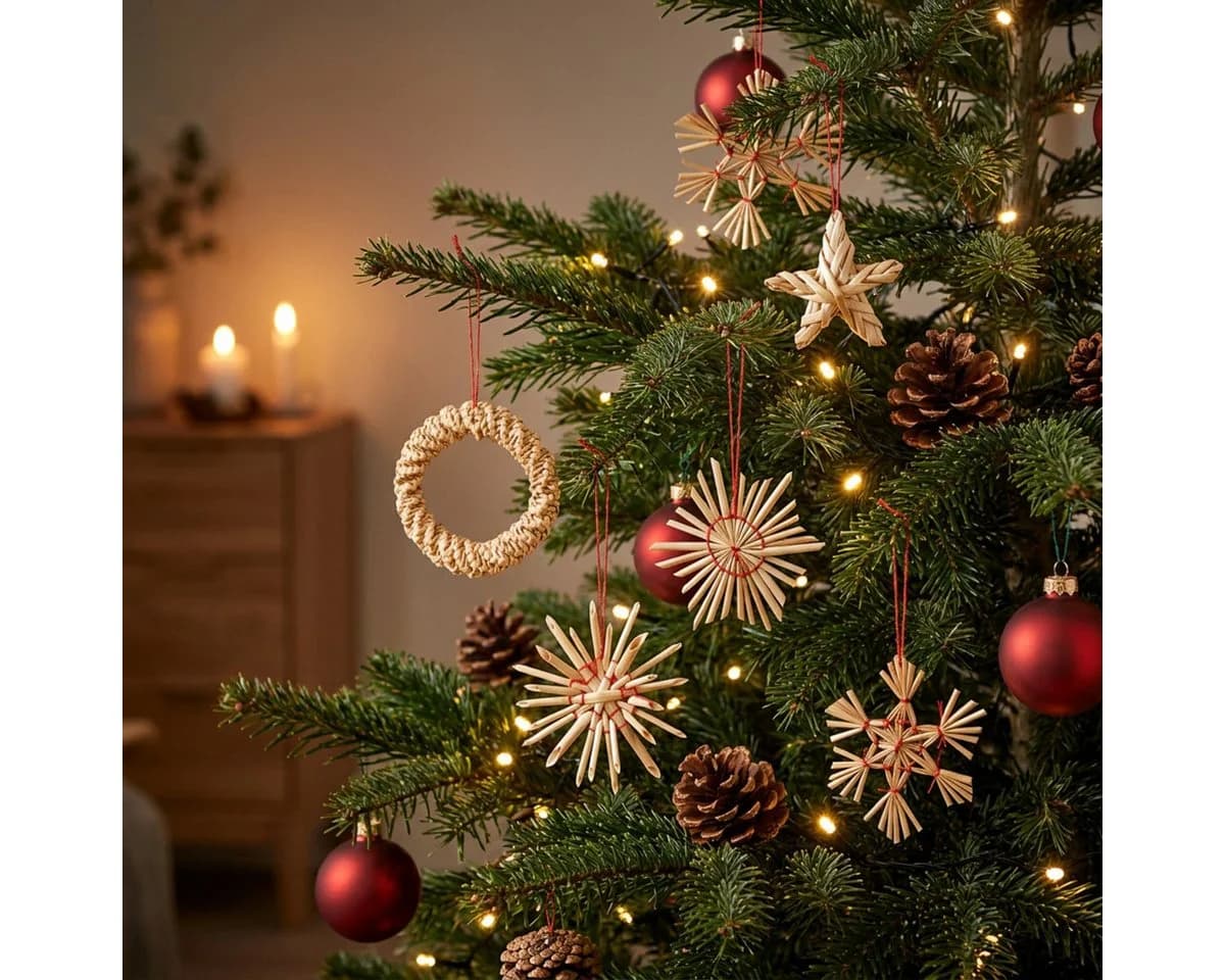 Posiwio Stroh-Christbaumschmuck 17-tlg. Handgefertigt Rot/Natur - Bild 4