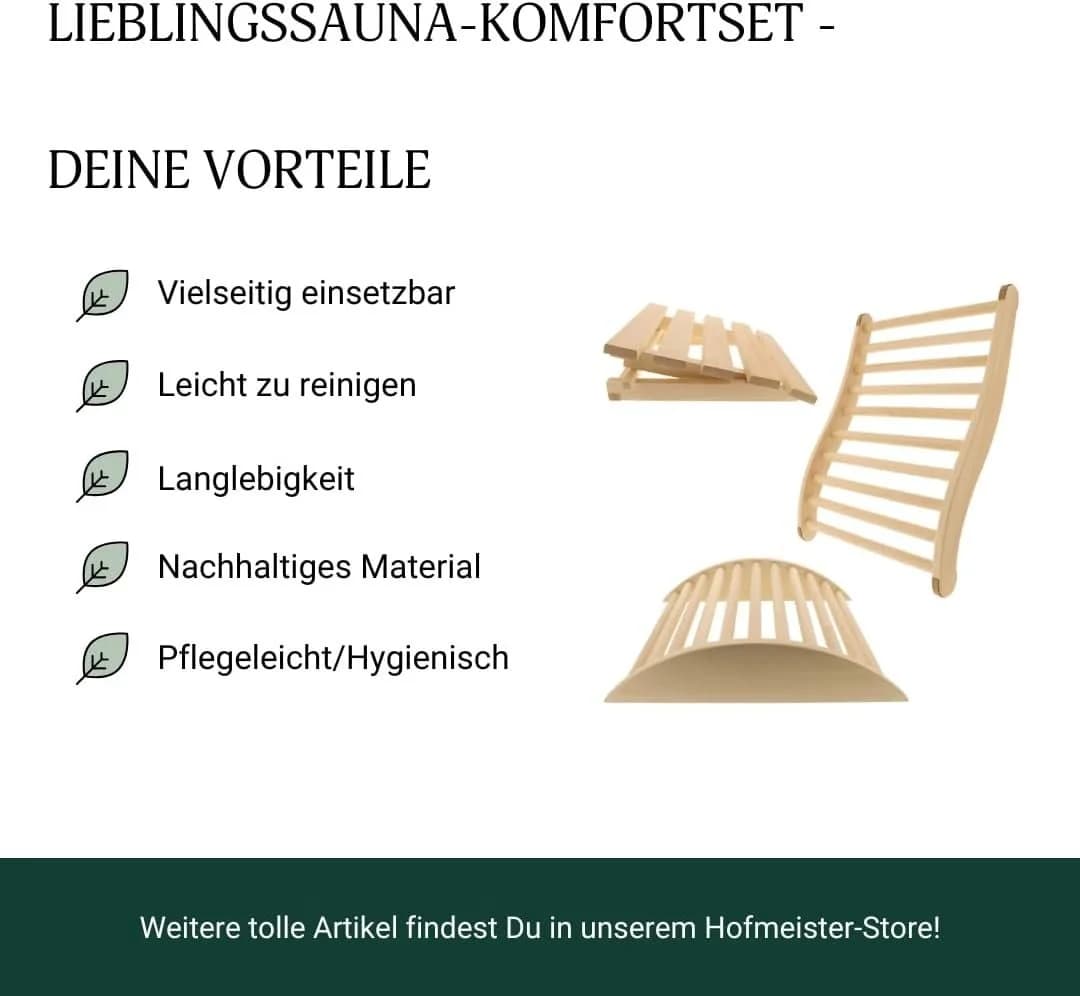 HOFMEISTER Sauna-Set mit Rückenlehne, Kopfstütze & Beinstütze aus Lindenholz - Bild 5