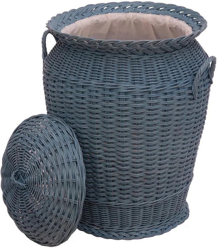 Krines Home Wäschetonne Rund Blau Echtes Rattan