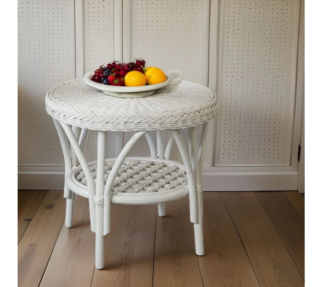 Krines Home Rattan Wohnzimmertisch Rund Weiß mit Ablage