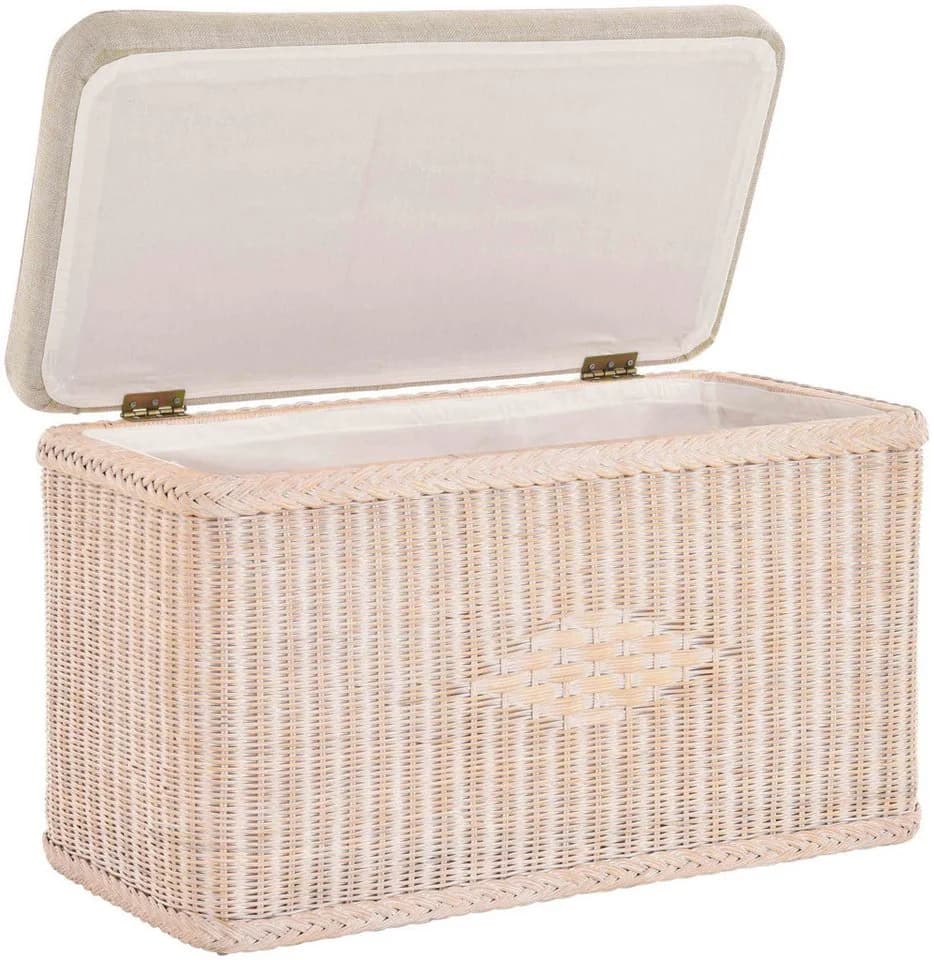 Krines Home Wäschetruhe Sitztruhe Natur-Rattan Weiß Gepolstert