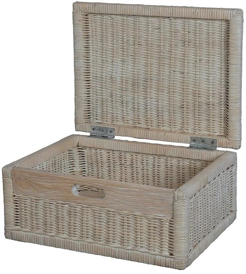 Krines Home Aufbewahrungskorb Flacher Korb mit Deckel Rattan Vintage Weiss