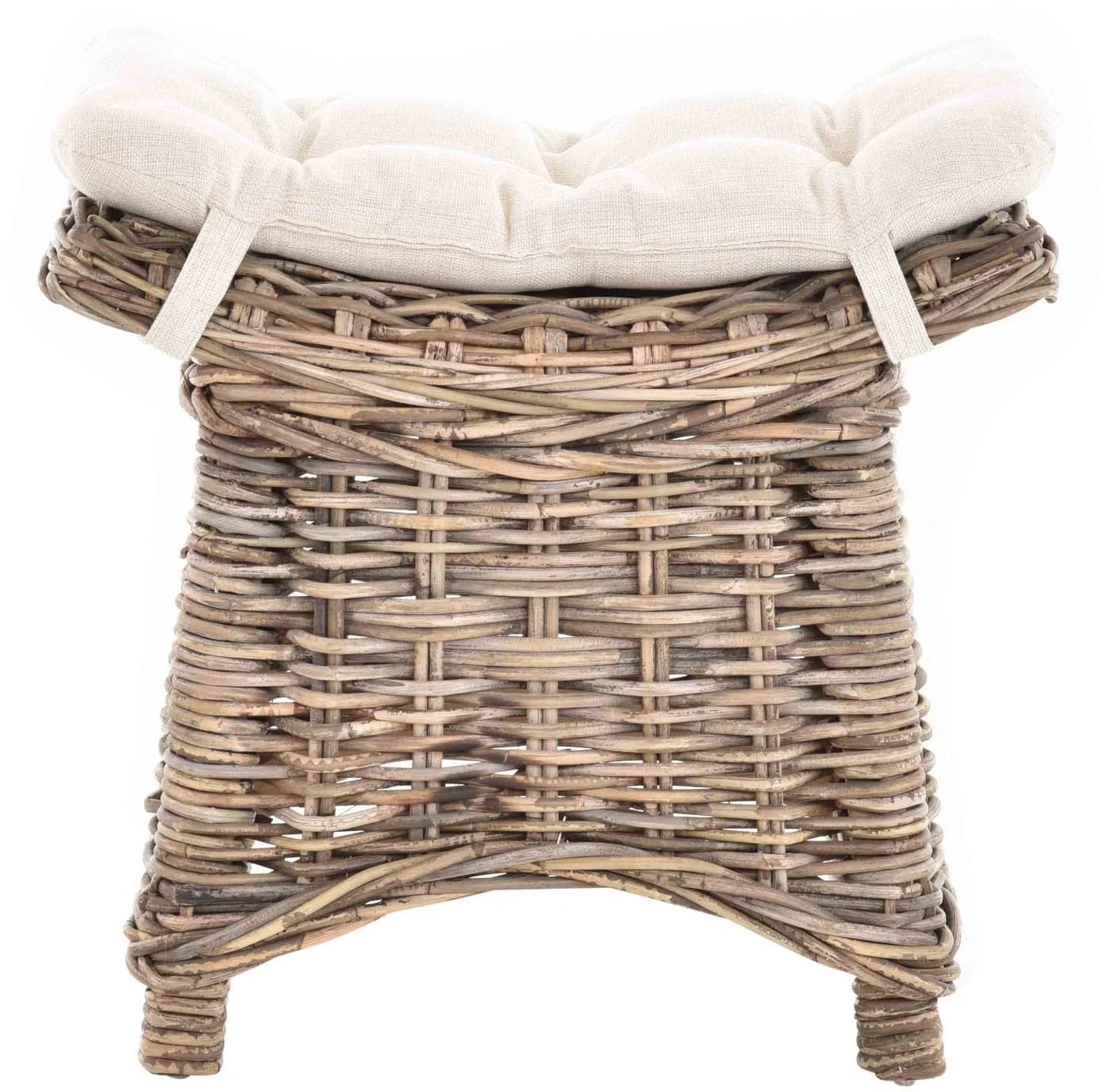 Krines Home Sitzhocker Fußhocker Echtes Rattan Grau Natur mit Kissen