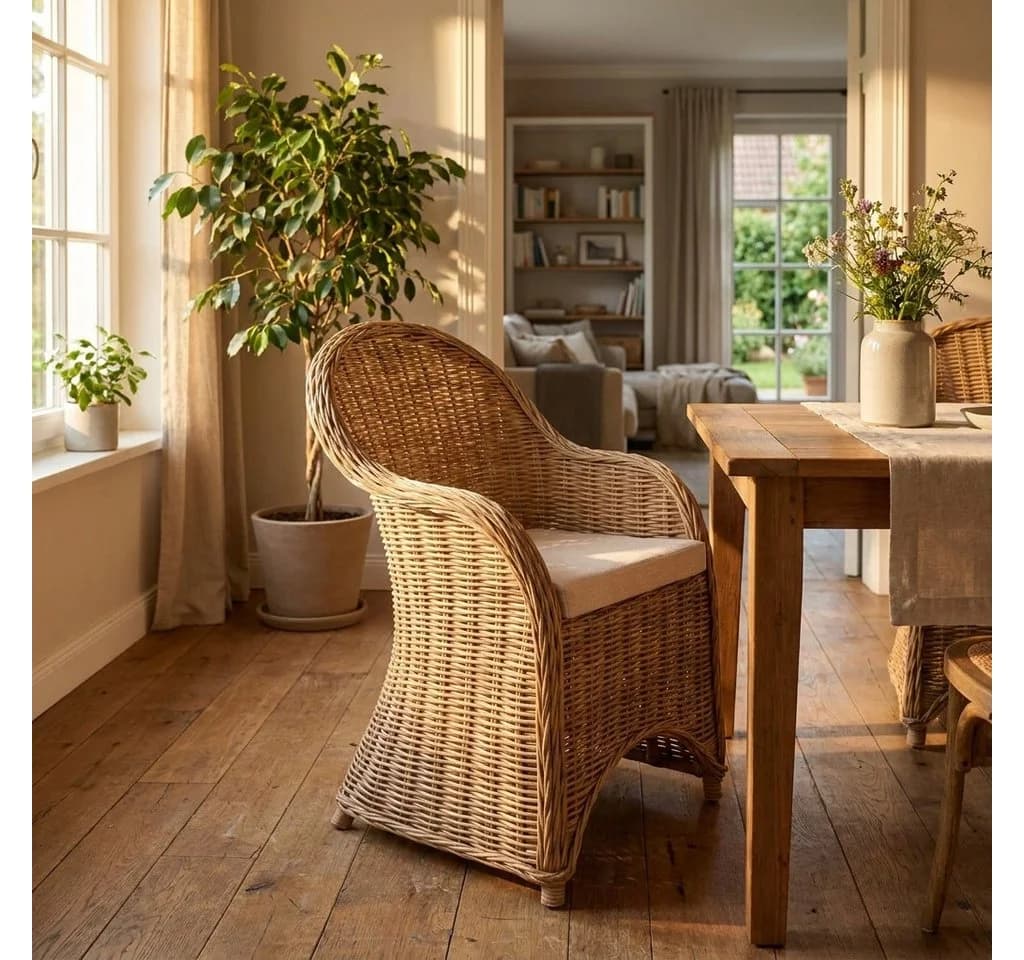 Krines Home Esszimmersessel Rattan mit Armlehne & Polster Beige