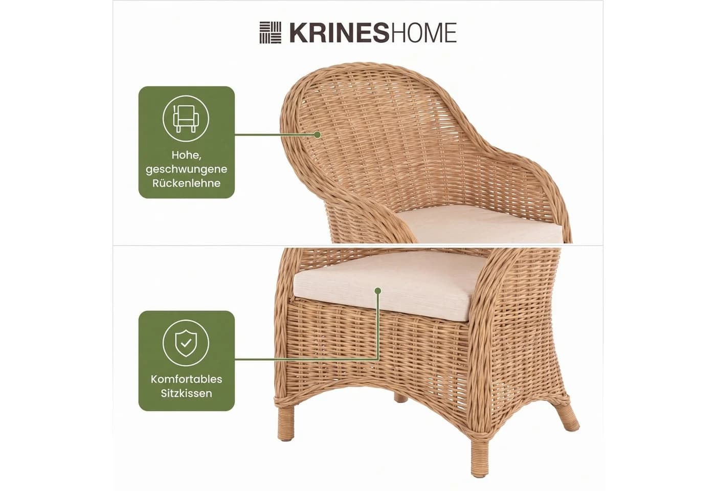 Krines Home Esszimmersessel Rattan mit Armlehne & Polster Beige - Bild 4