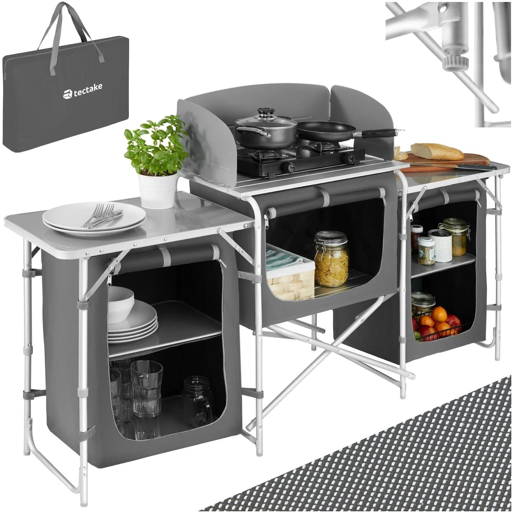 tectake Campingküche XXL mit Aluminiumgestell und 5 Fächern Grau