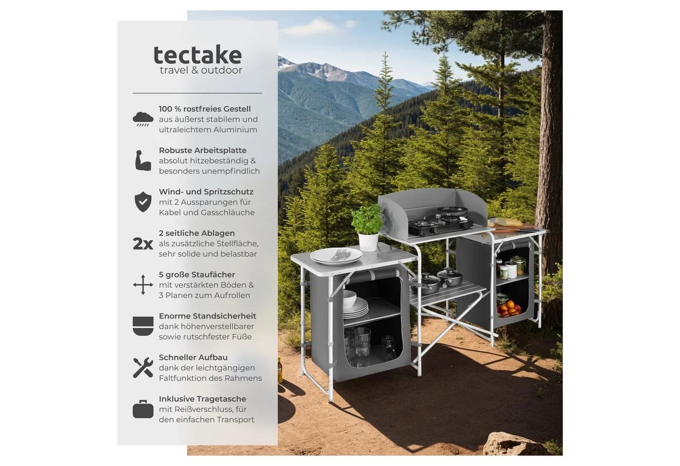tectake Campingküche XXL mit Aluminiumgestell und 5 Fächern Grau - Bild 2